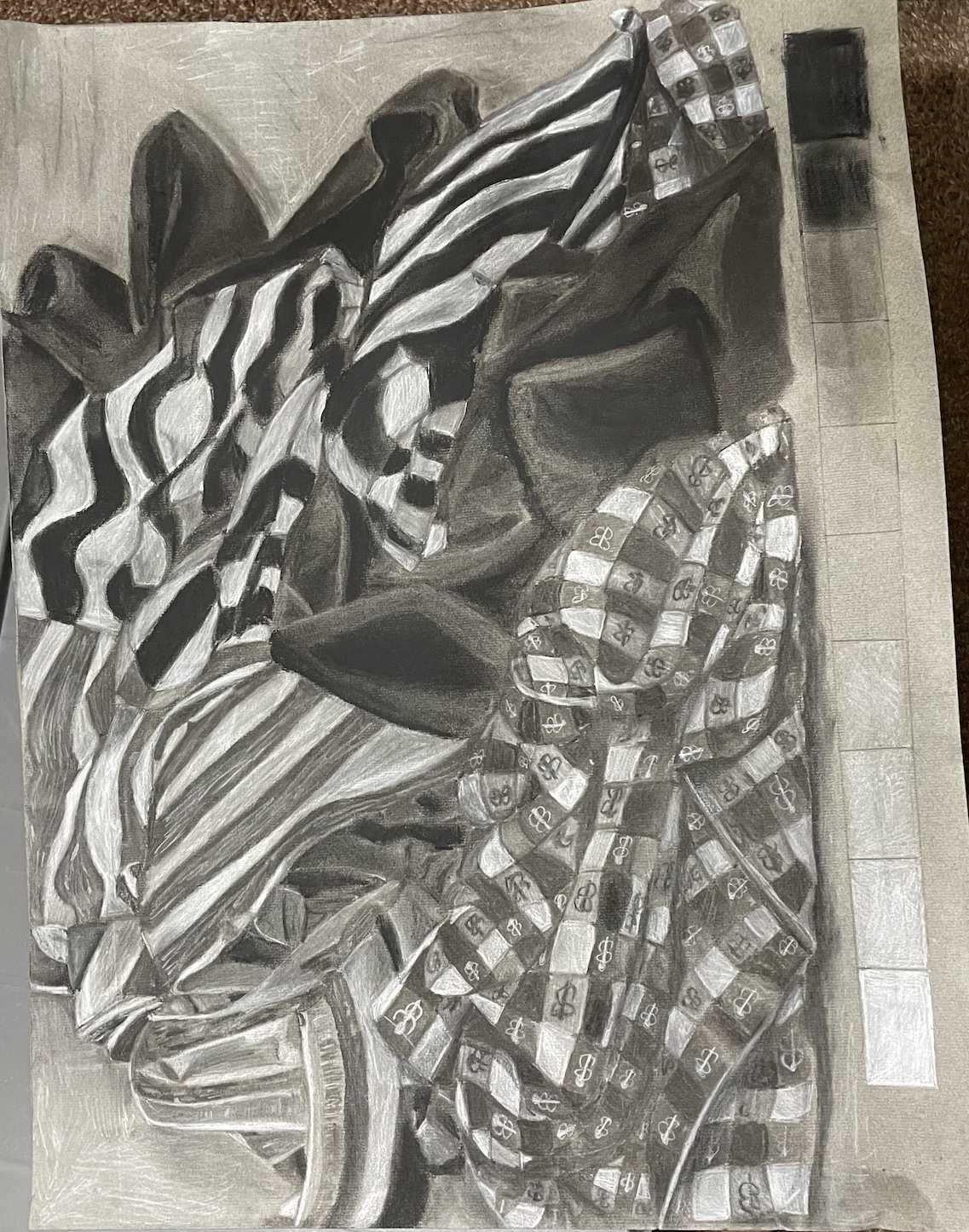 Fabric study drawing done with charcoal