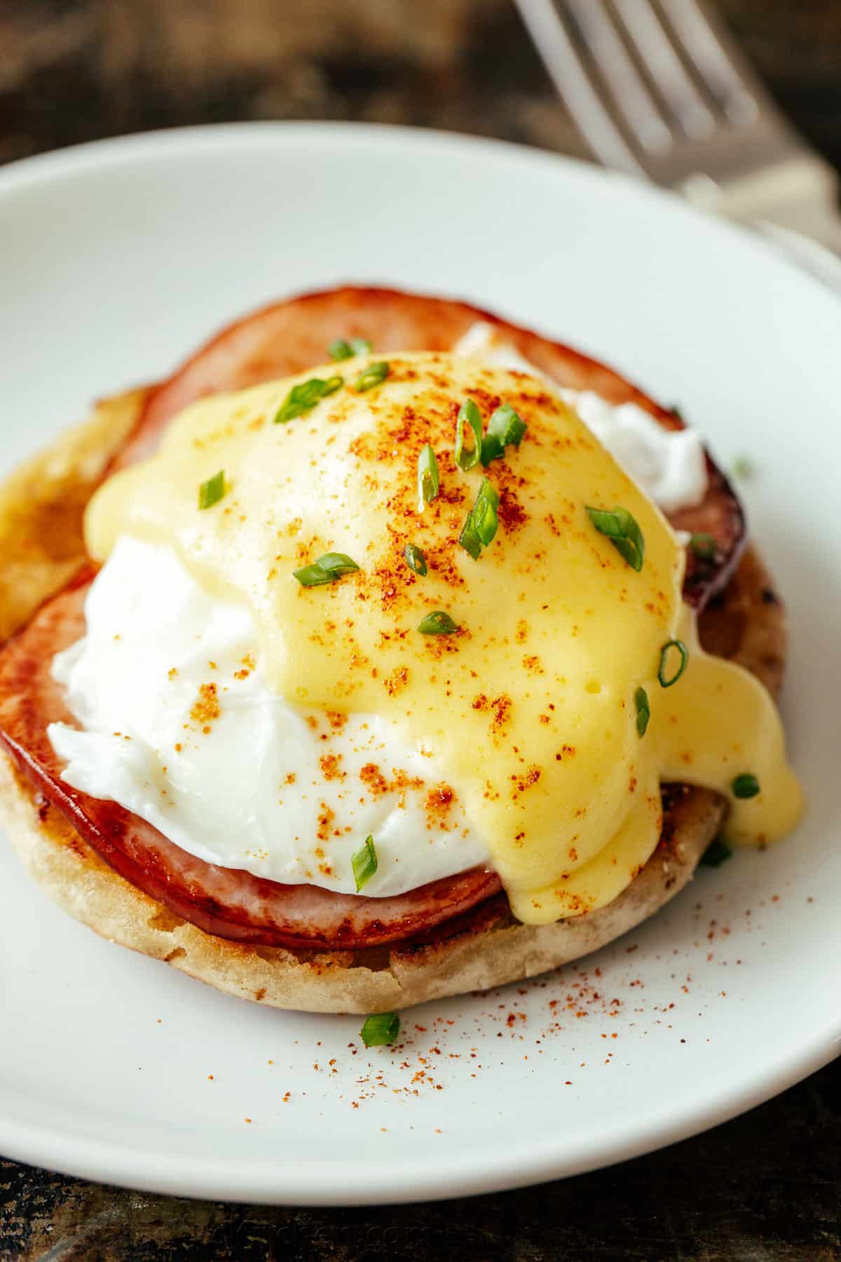 plate of Eggs Benedict and uses poaching