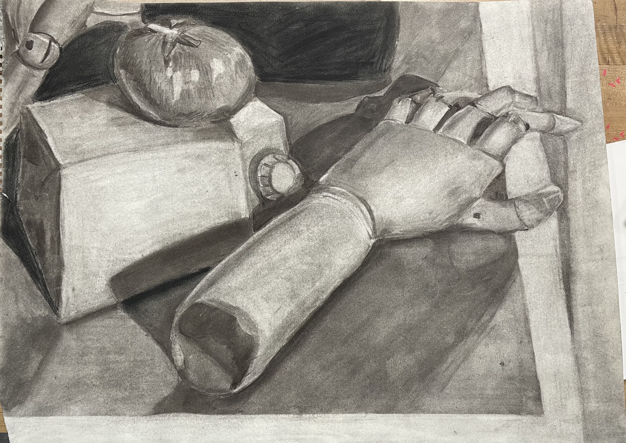 A still life drawing done with charcoal